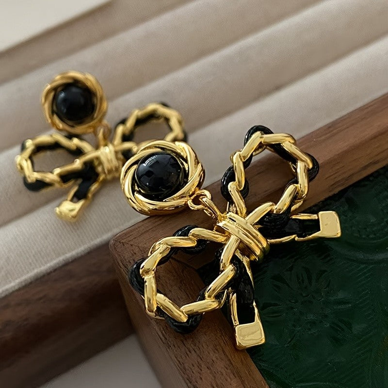 S925 Black Chain Bow Stud Earrings