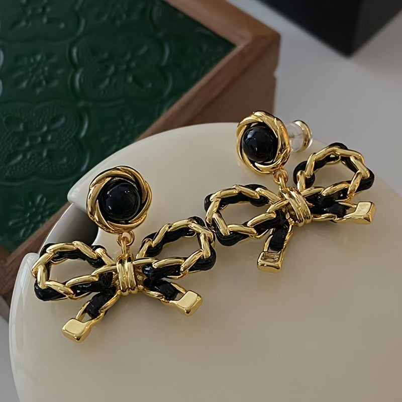 S925 Black Chain Bow Stud Earrings