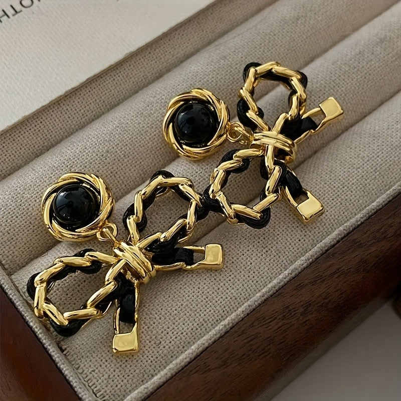 S925 Black Chain Bow Stud Earrings