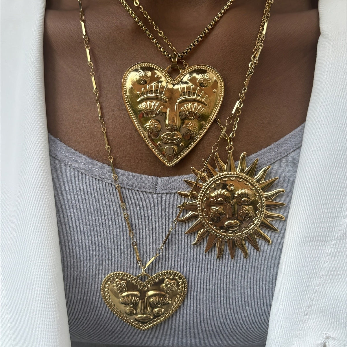 Boho Face Heart & Sun Pendant Necklace
