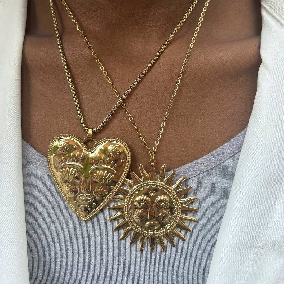Boho Face Heart & Sun Pendant Necklace