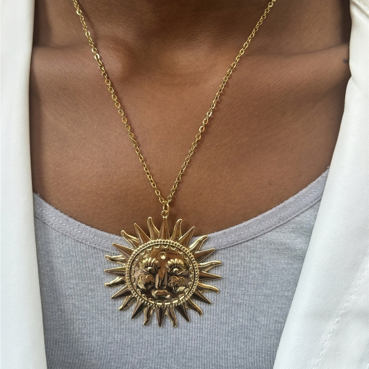 Boho Face Heart & Sun Pendant Necklace