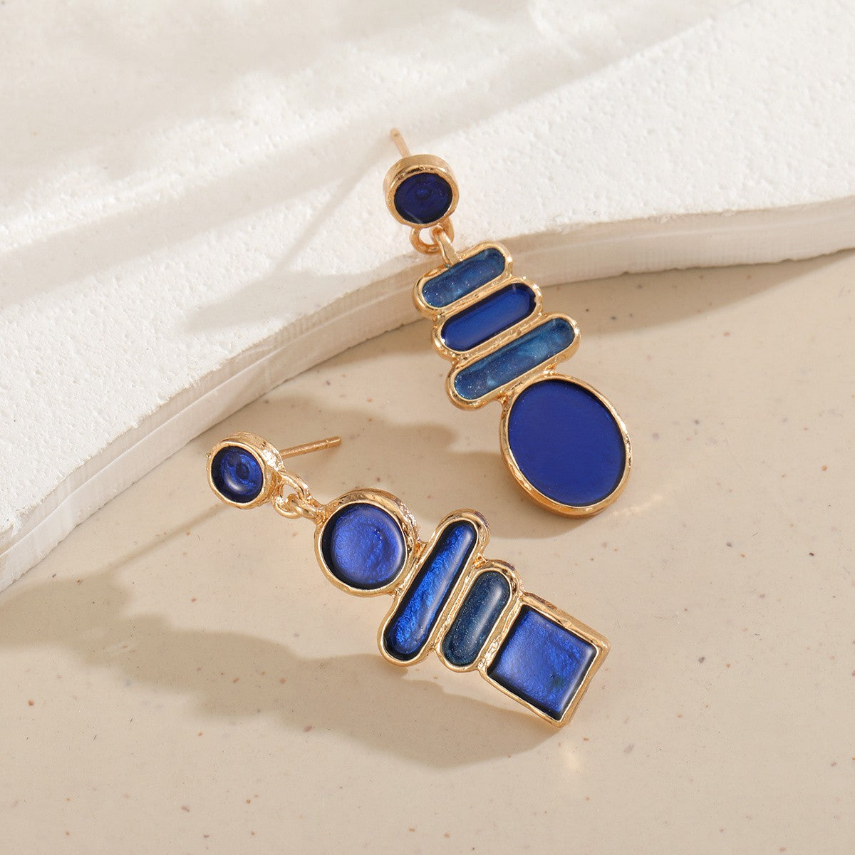 Asymmetric Blue Stone Geometric Earrings