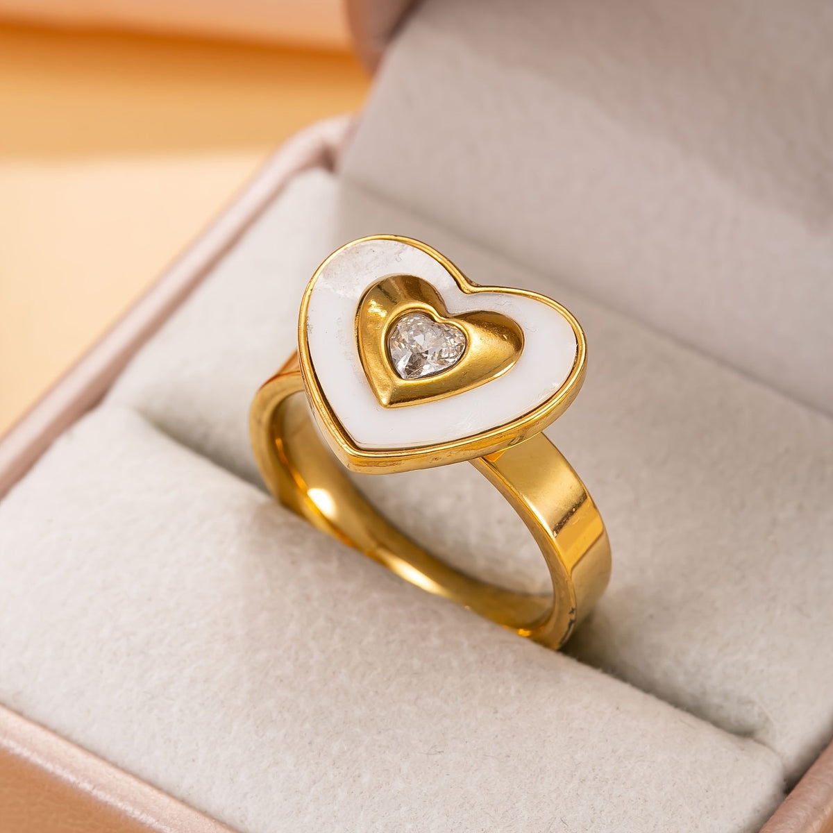 18k White Enamel Double Heart Ring