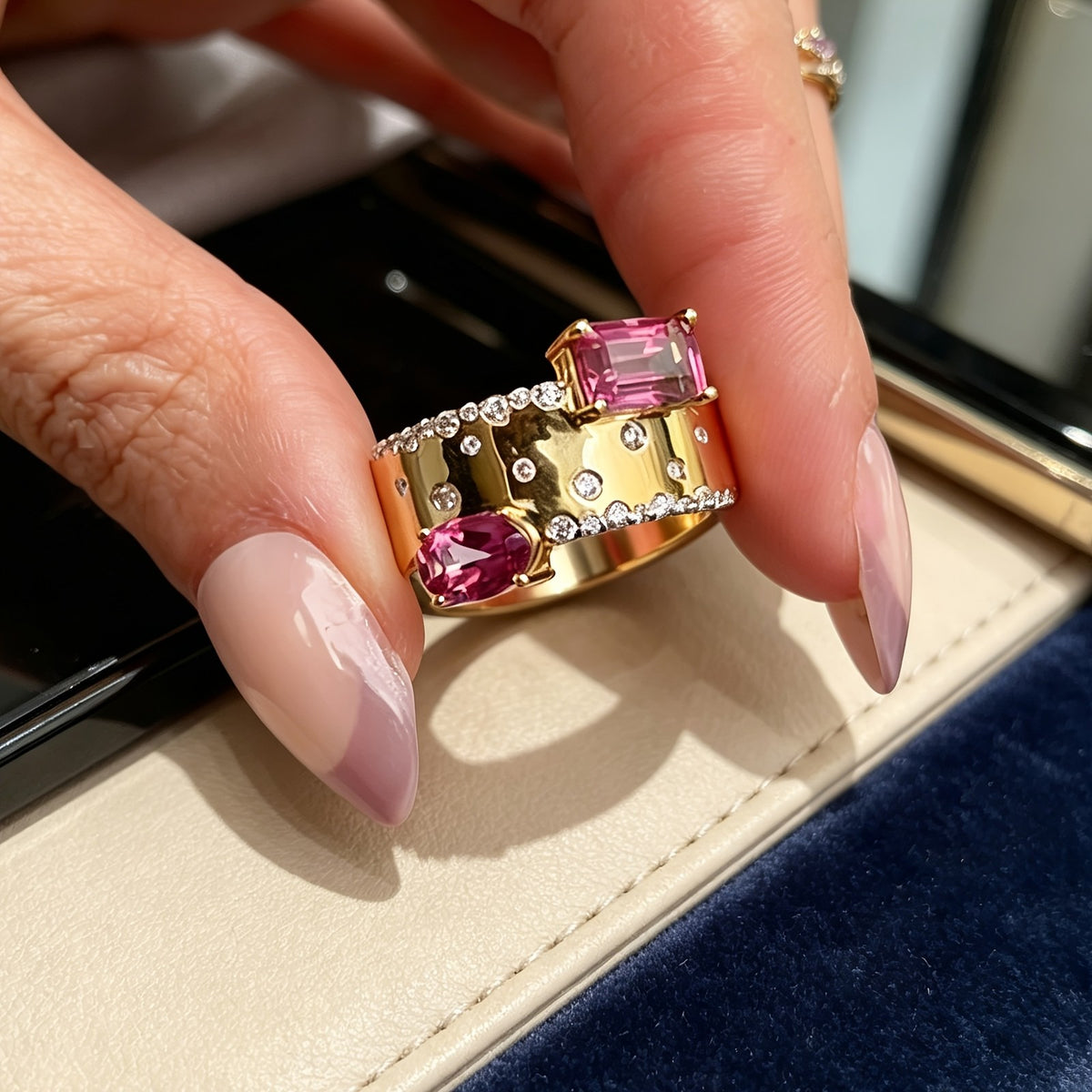 Asymmetric Pink Stone Wide Band Ring