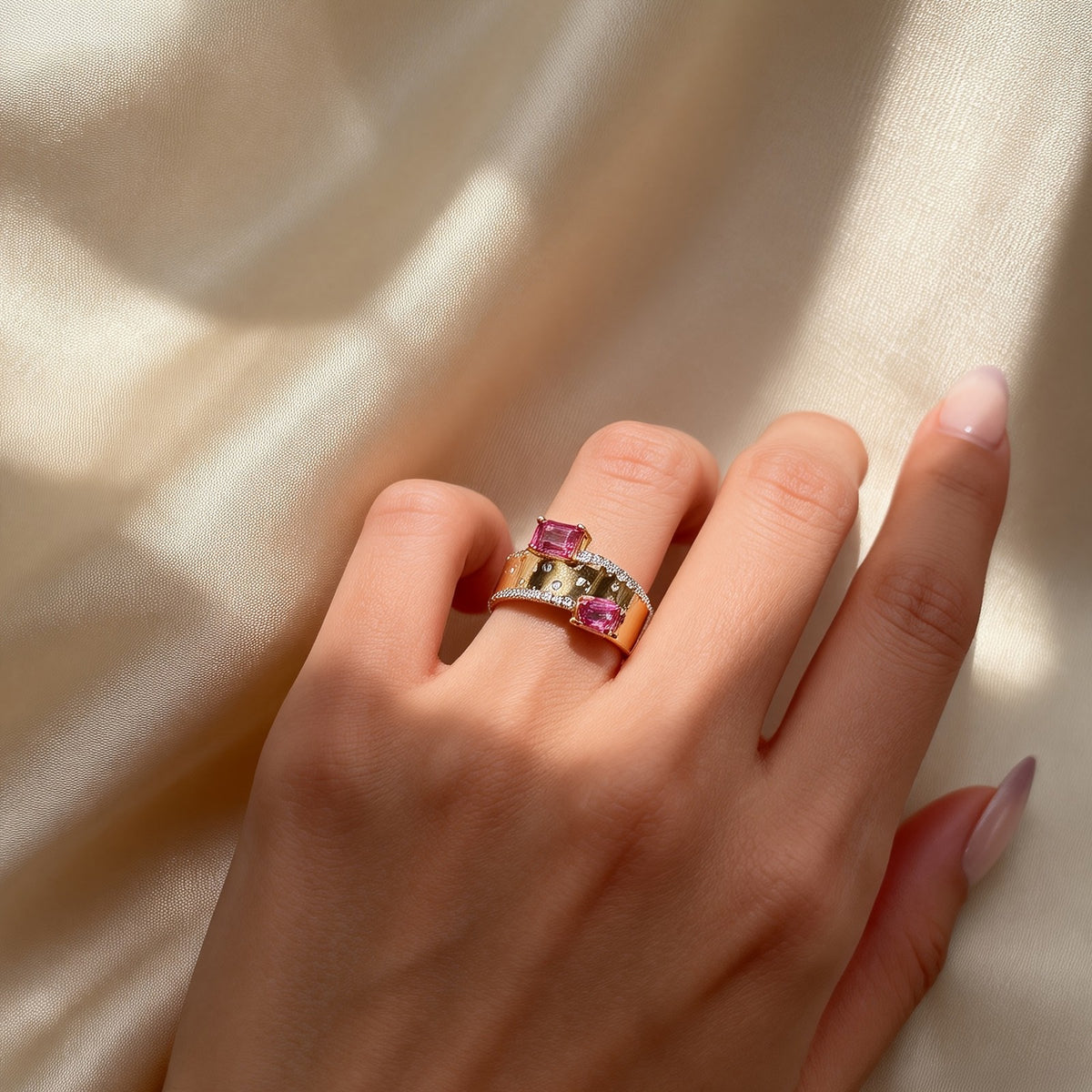 Asymmetric Pink Stone Wide Band Ring