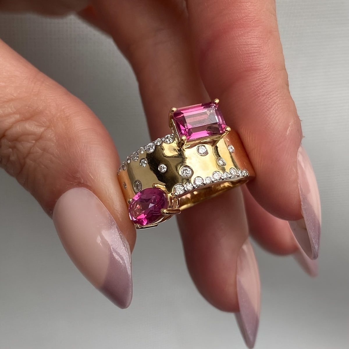 Asymmetric Pink Stone Wide Band Ring