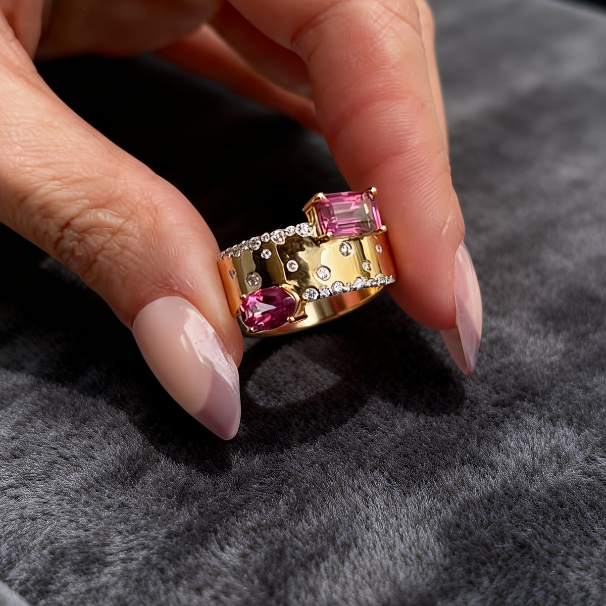 Asymmetric Pink Stone Wide Band Ring