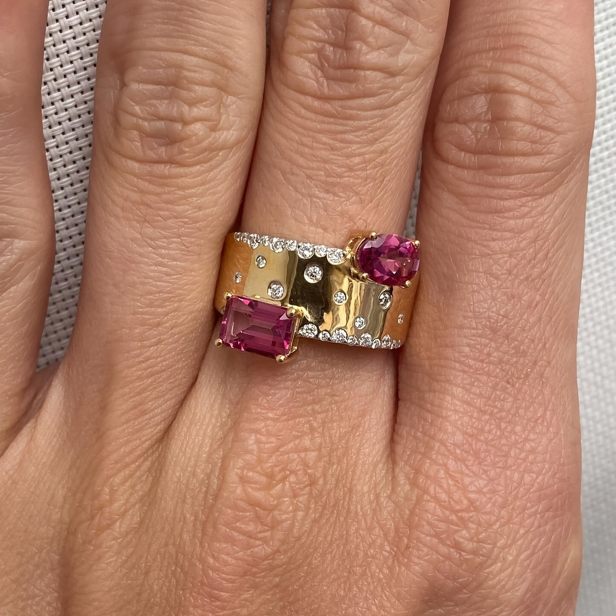 Asymmetric Pink Stone Wide Band Ring