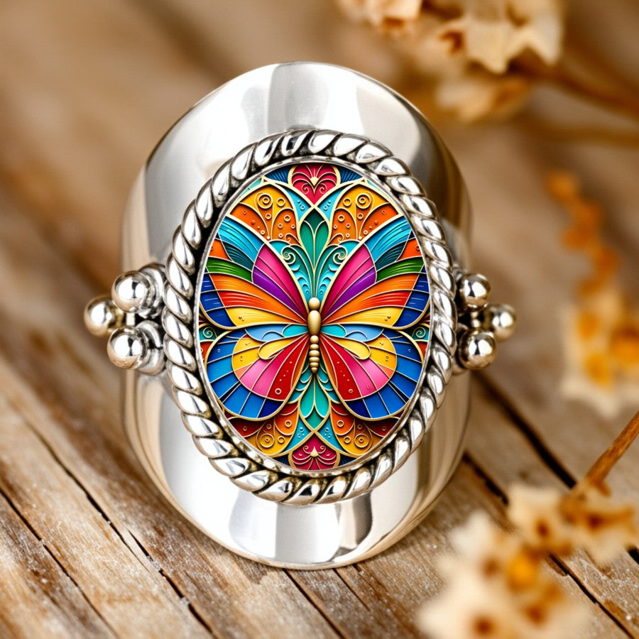 Colorful Butterfly Oval Ring