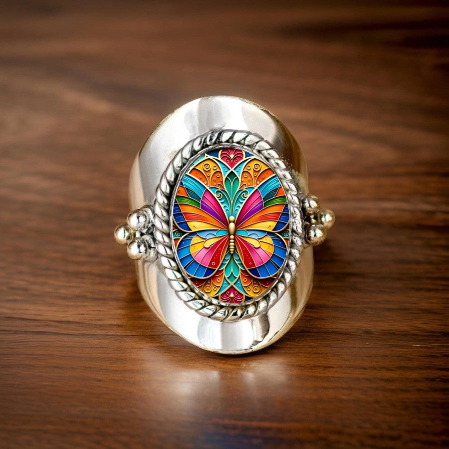 Colorful Butterfly Oval Ring