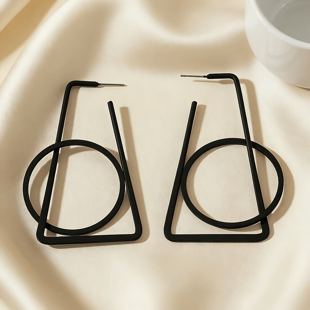 Geometric Black Triangle Circle Earrings