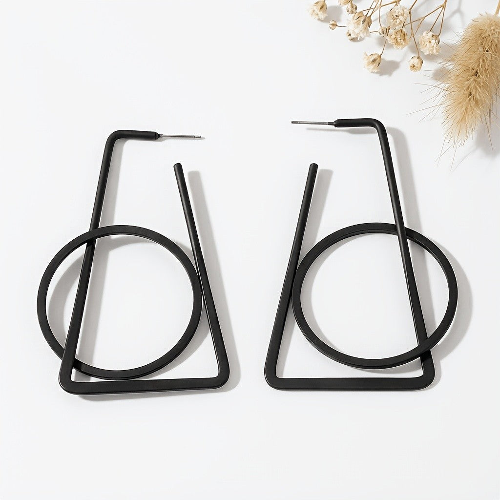 Geometric Black Triangle Circle Earrings