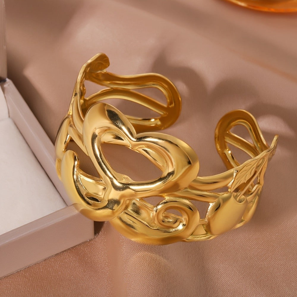 Hollow Heart & Cherry Cuff Bracelet