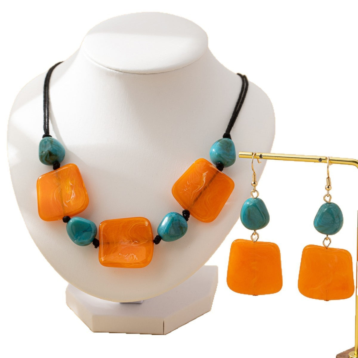 Vintage Geometric Block Stone Earring & Necklace Set