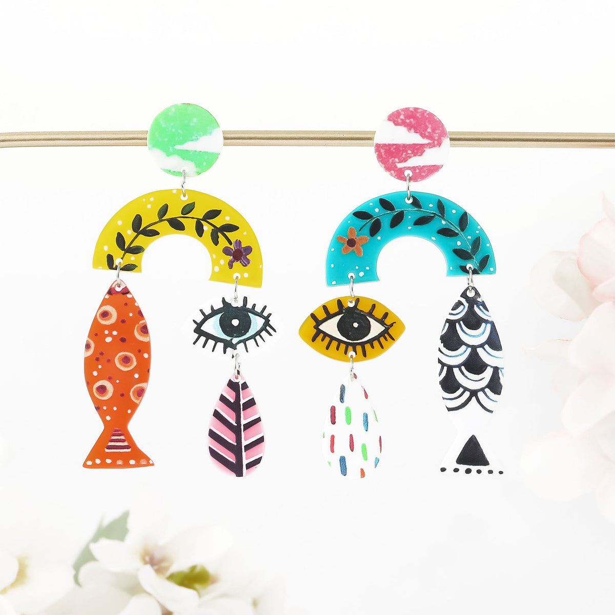 Asymmetric Boho Fish Evil Eye Earrings