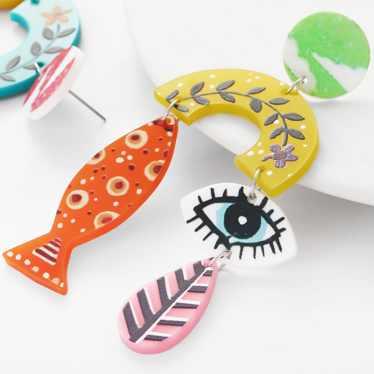 Asymmetric Boho Fish Evil Eye Earrings