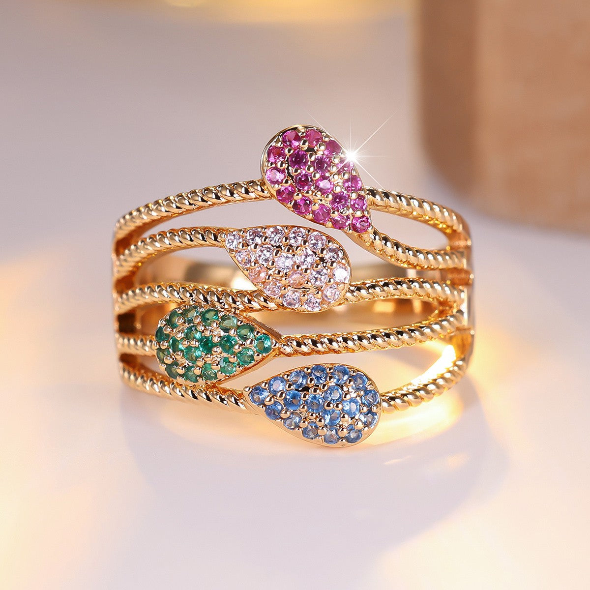 Multi-Strand Twisted Rope Teardrop Stone Ring