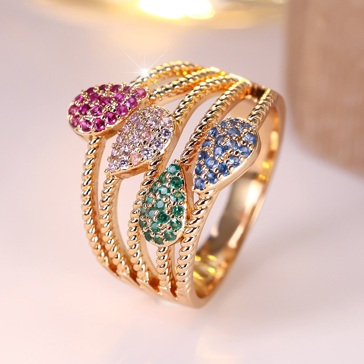 Multi-Strand Twisted Rope Teardrop Stone Ring
