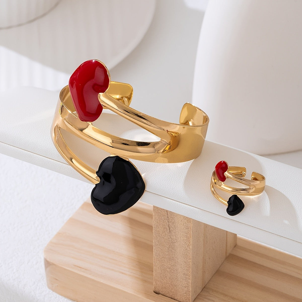 Asymmetric Glazed Heart Cuff Ring