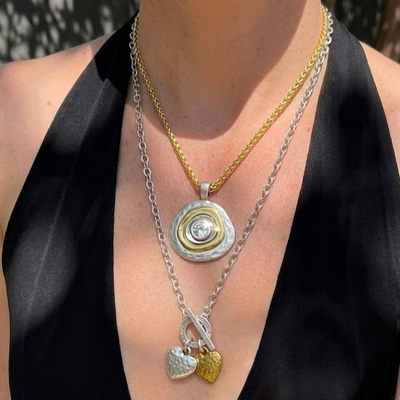 Two-Tone Hammered Heart & Round Pendant Necklace Set
