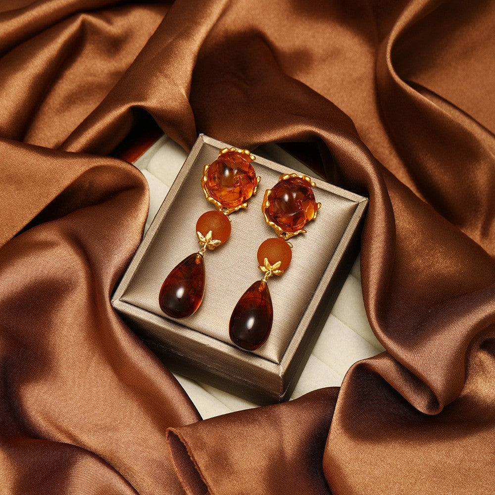 Vintage Amber Tone Carved Drop Earrings