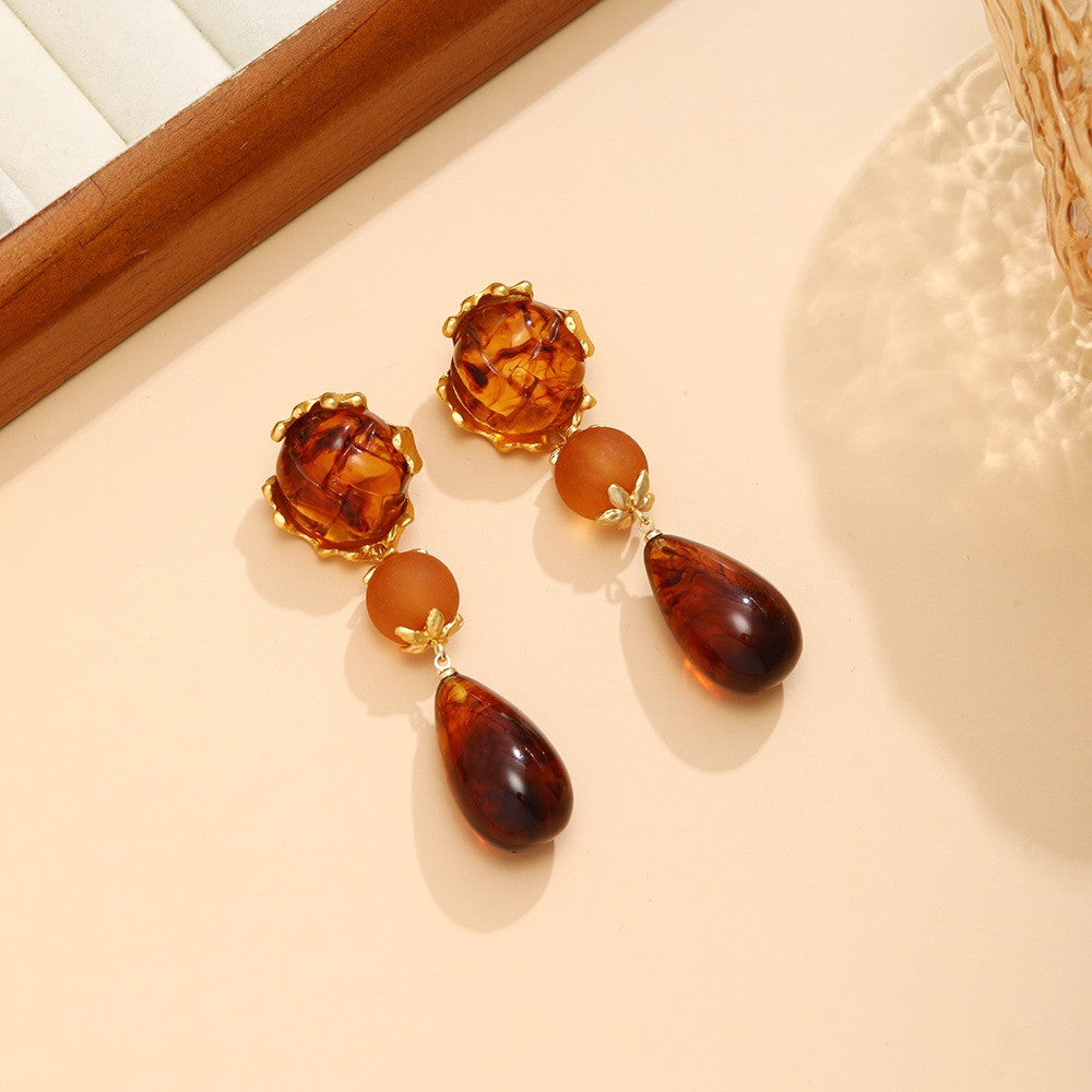 Vintage Amber Tone Carved Drop Earrings