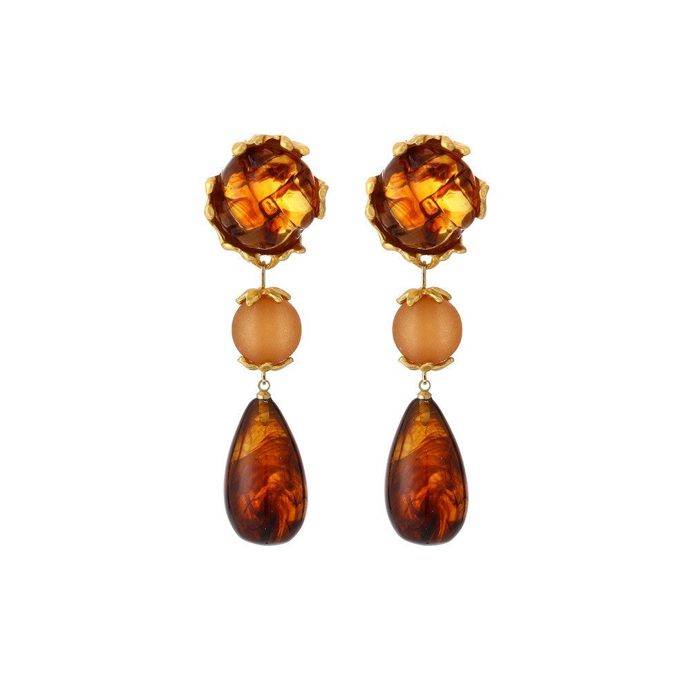 Vintage Amber Tone Carved Drop Earrings