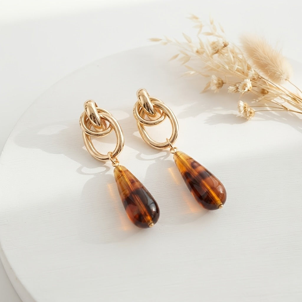 Vintage Tortoiseshell Drop Hoop Earrings
