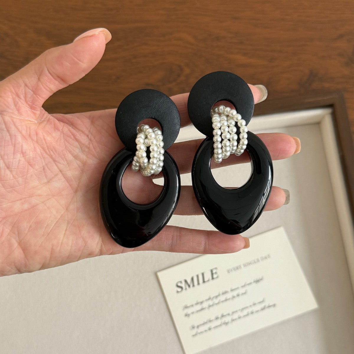 Geometric Black Resin Pearl Drop Earrings