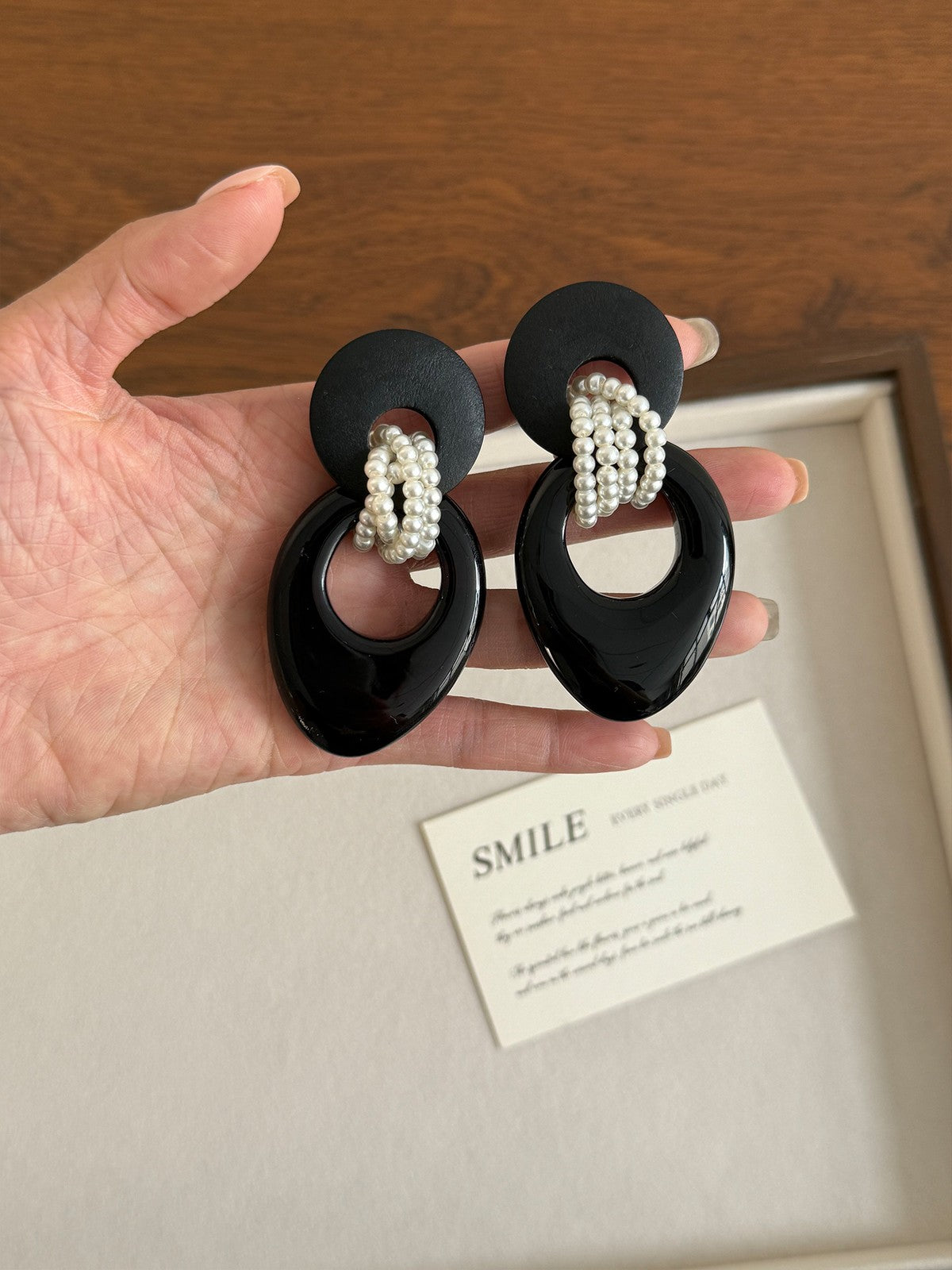 Geometric Black Resin Pearl Drop Earrings