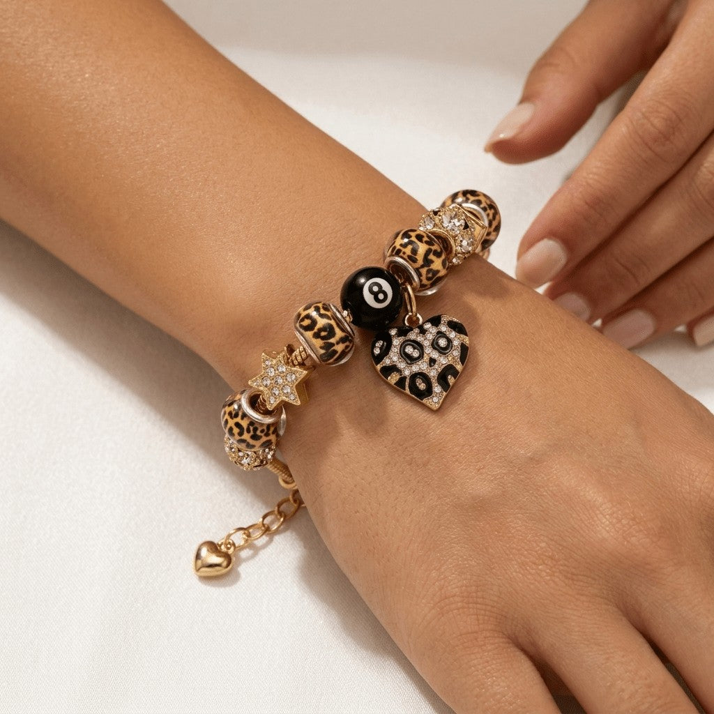 Leopard Print Beaded Charm Bracelet