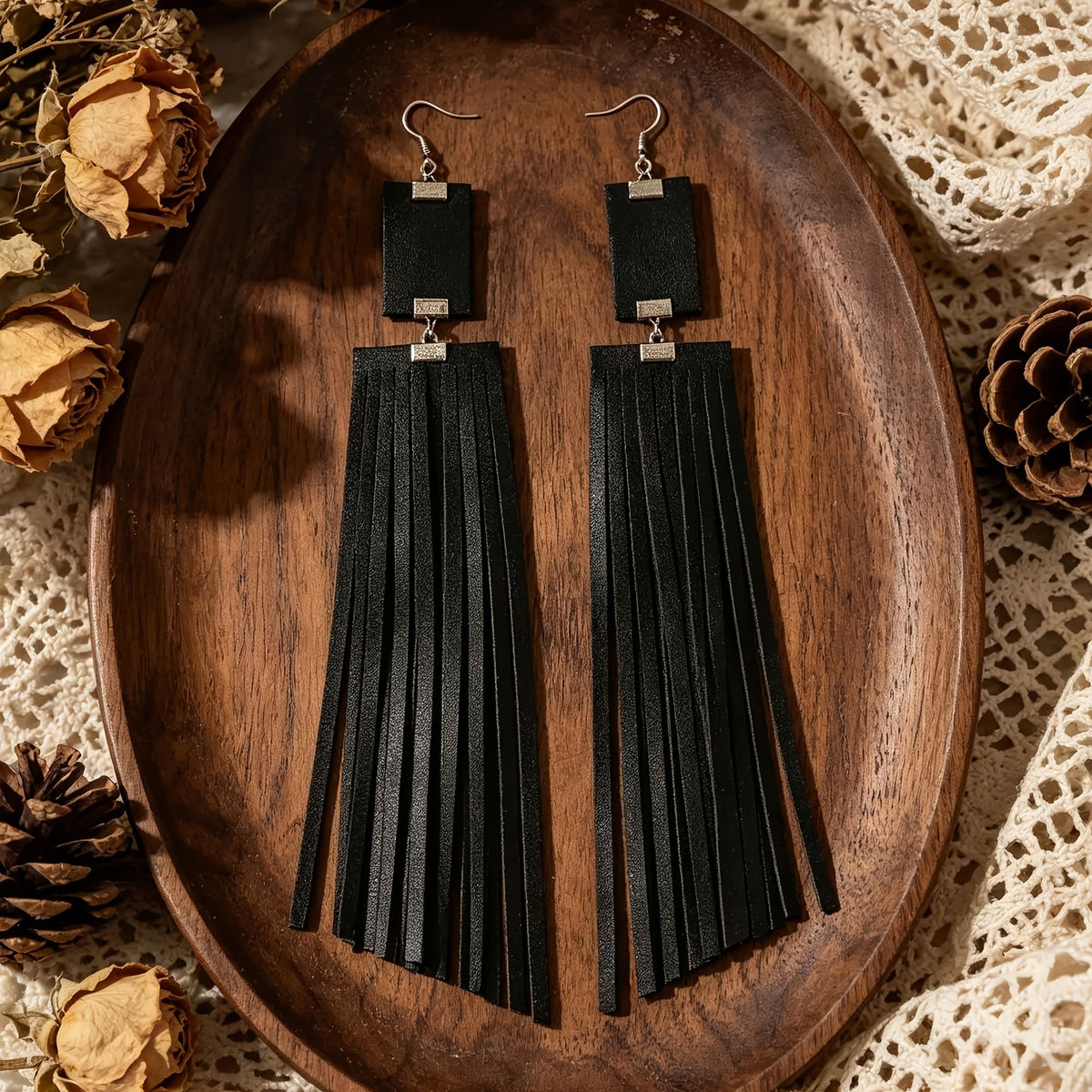Black Rectangle Tassel Drop Earrings