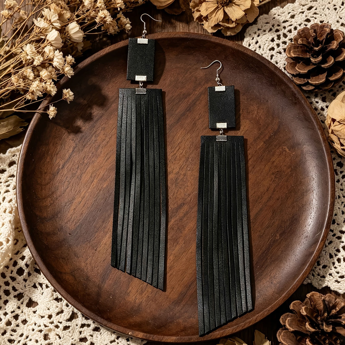 Black Rectangle Tassel Drop Earrings