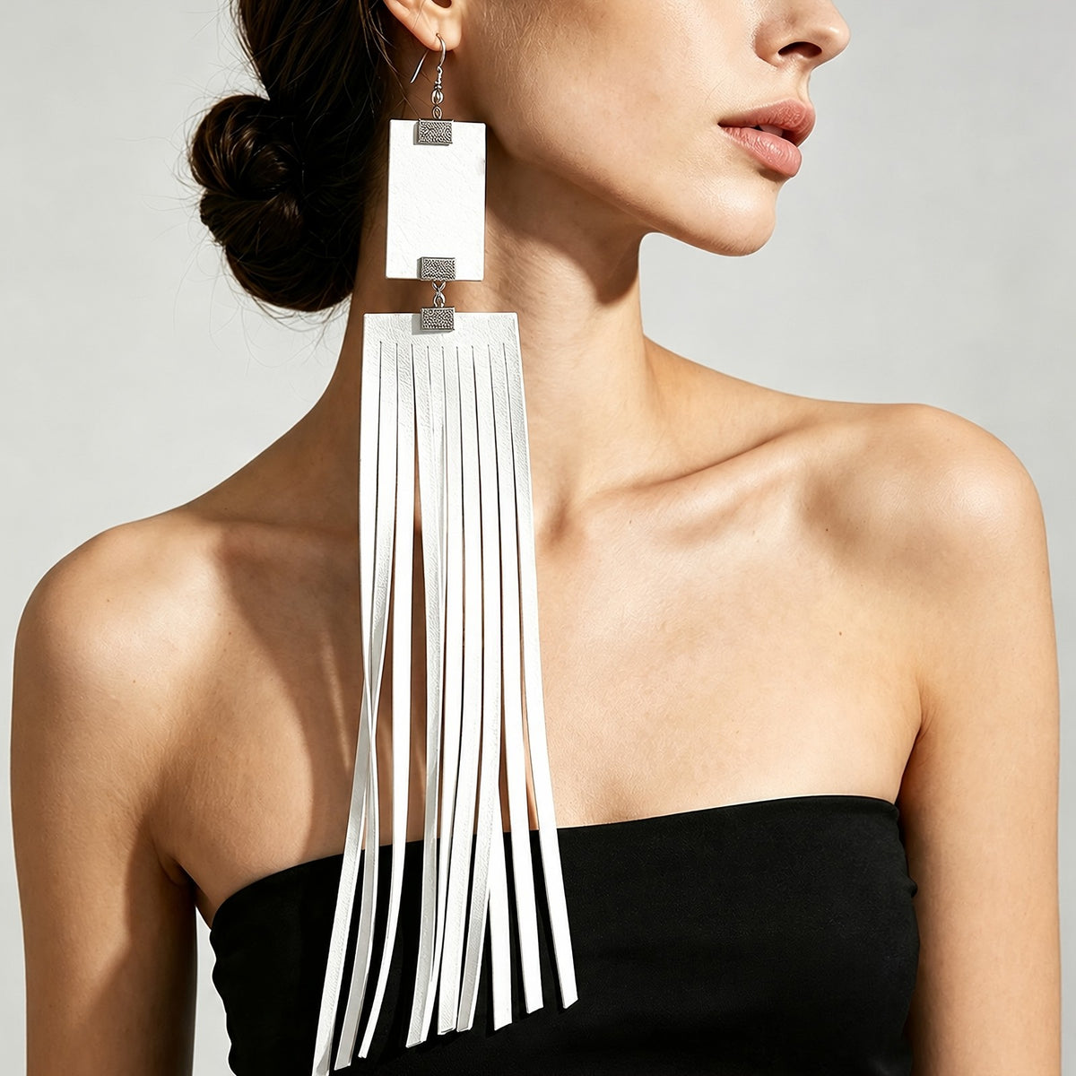 Black Rectangle Tassel Drop Earrings