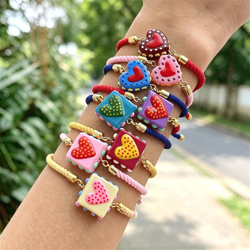 Colorful Square Heart Charm Bracelet