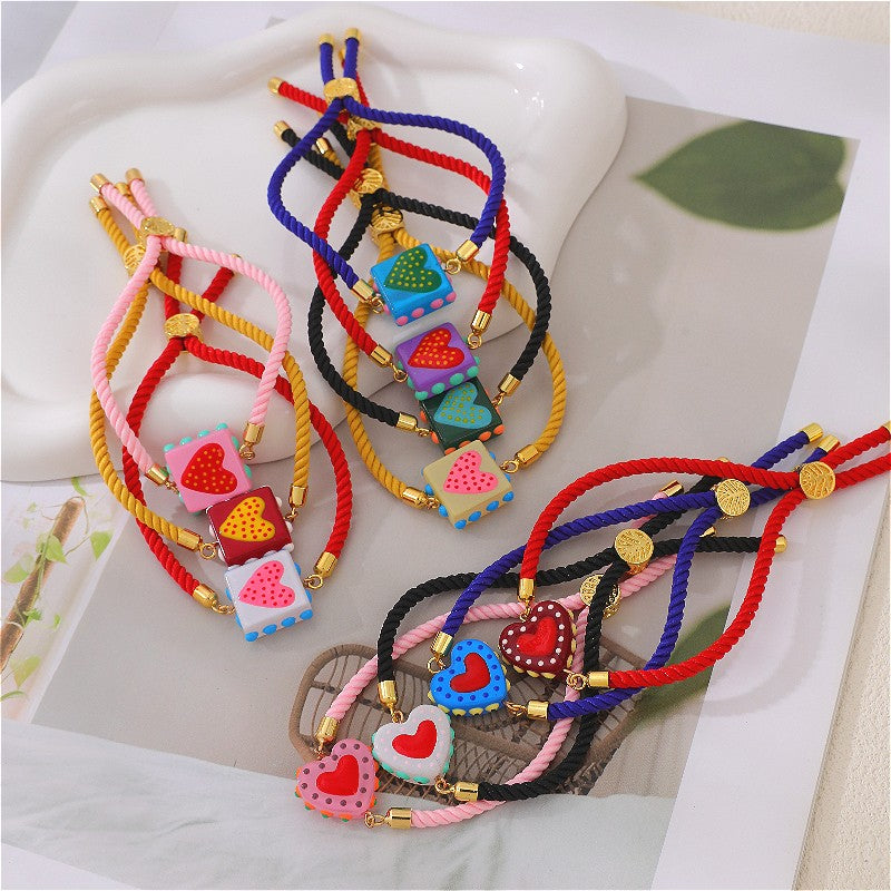 Colorful Square Heart Charm Bracelet