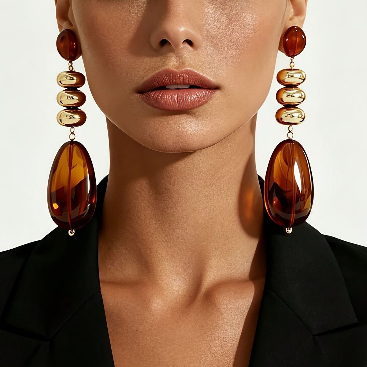 Amber Tone Stacked Oval Drop Earrings