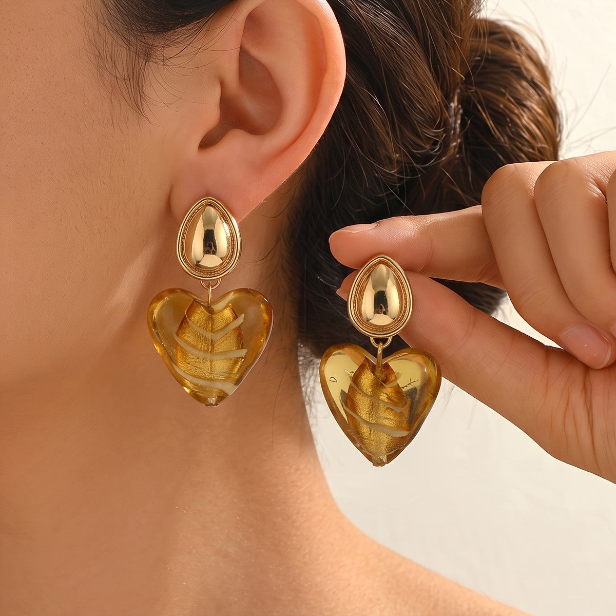 Vintage Amber Heart Drop Earrings
