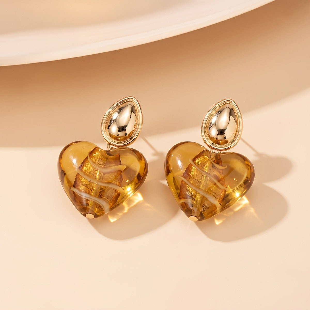 Vintage Amber Heart Drop Earrings