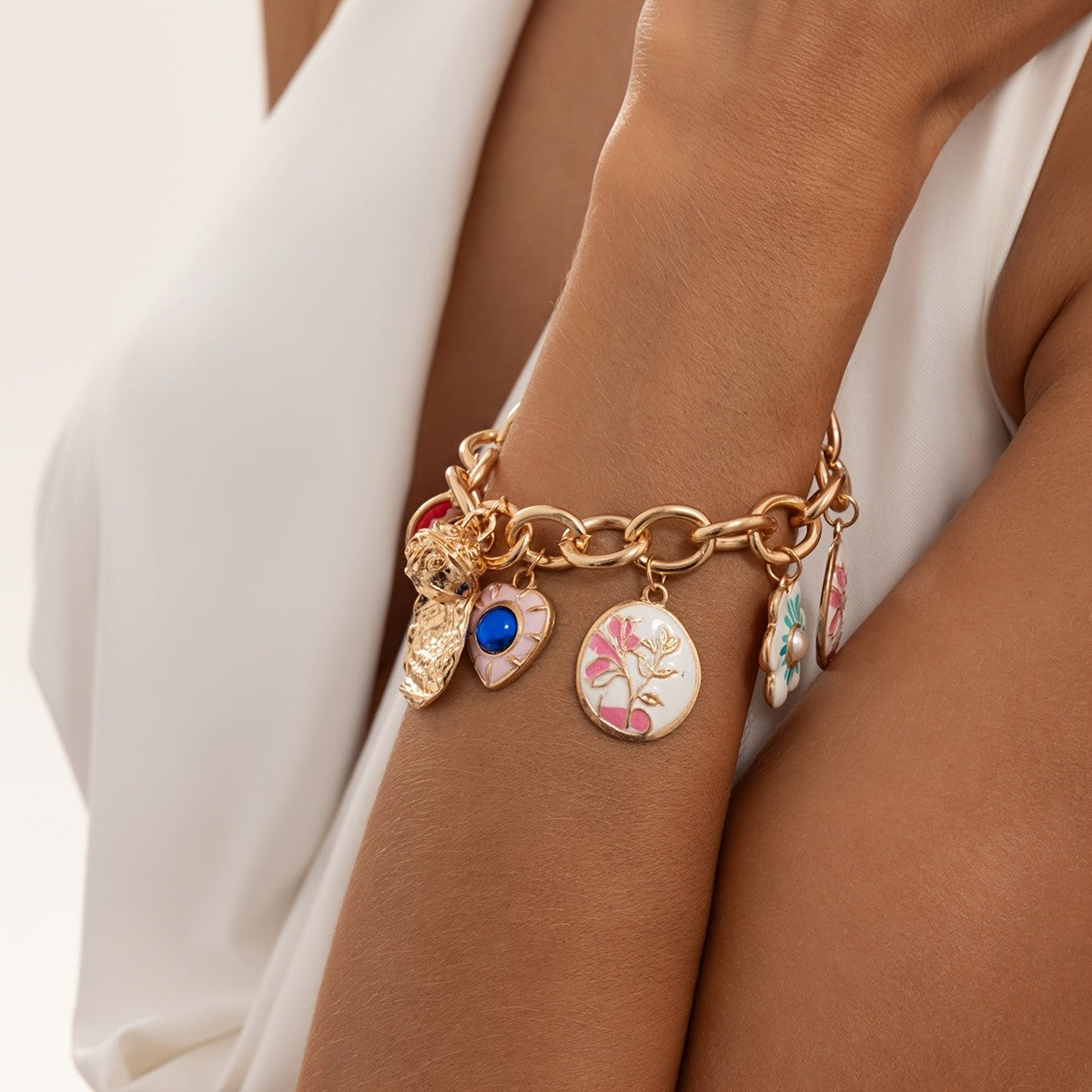 Vintage Enamel Flower Charm Bracelet