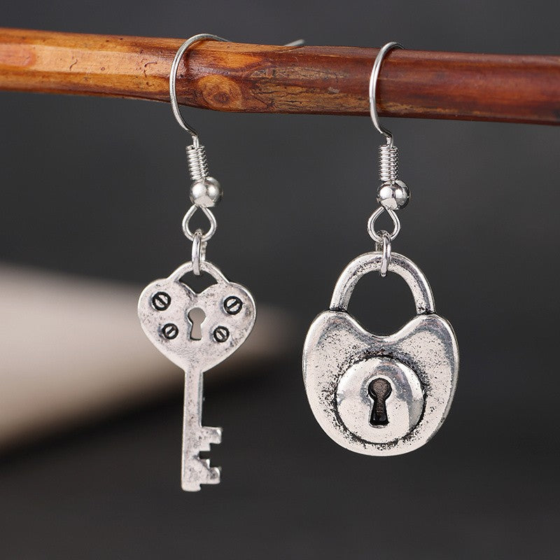 Asymmetric Vintage Lock and Key Earrings