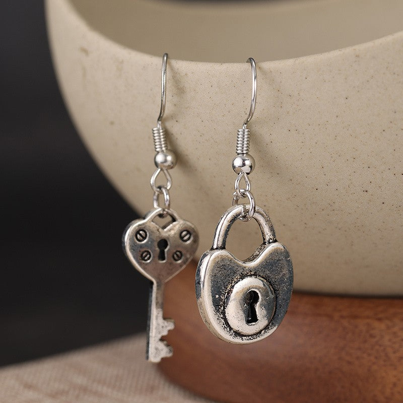Asymmetric Vintage Lock and Key Earrings