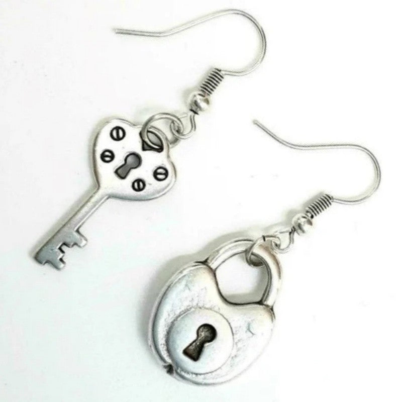 Asymmetric Vintage Lock and Key Earrings