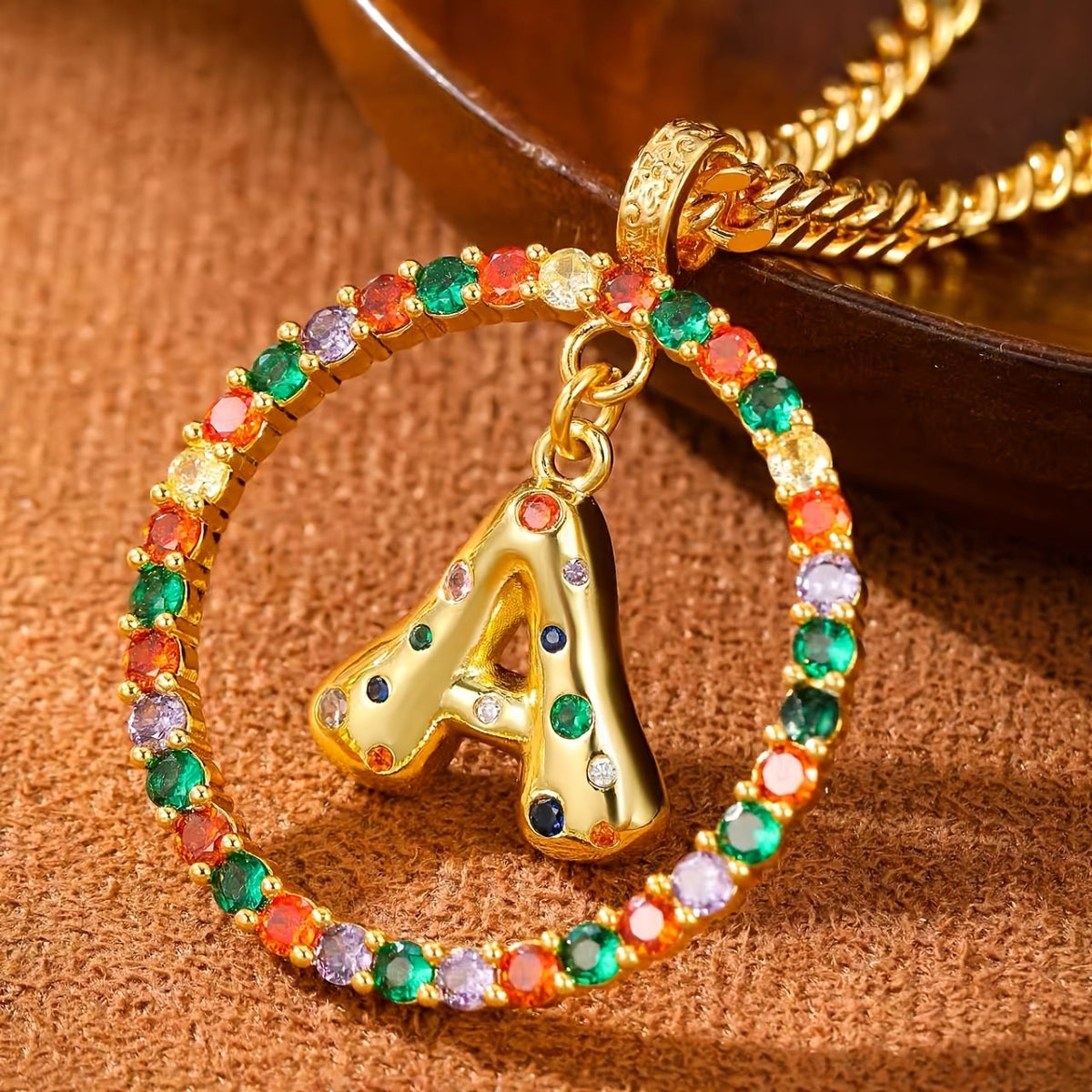 Multicolor Stone Initial Circle Necklace