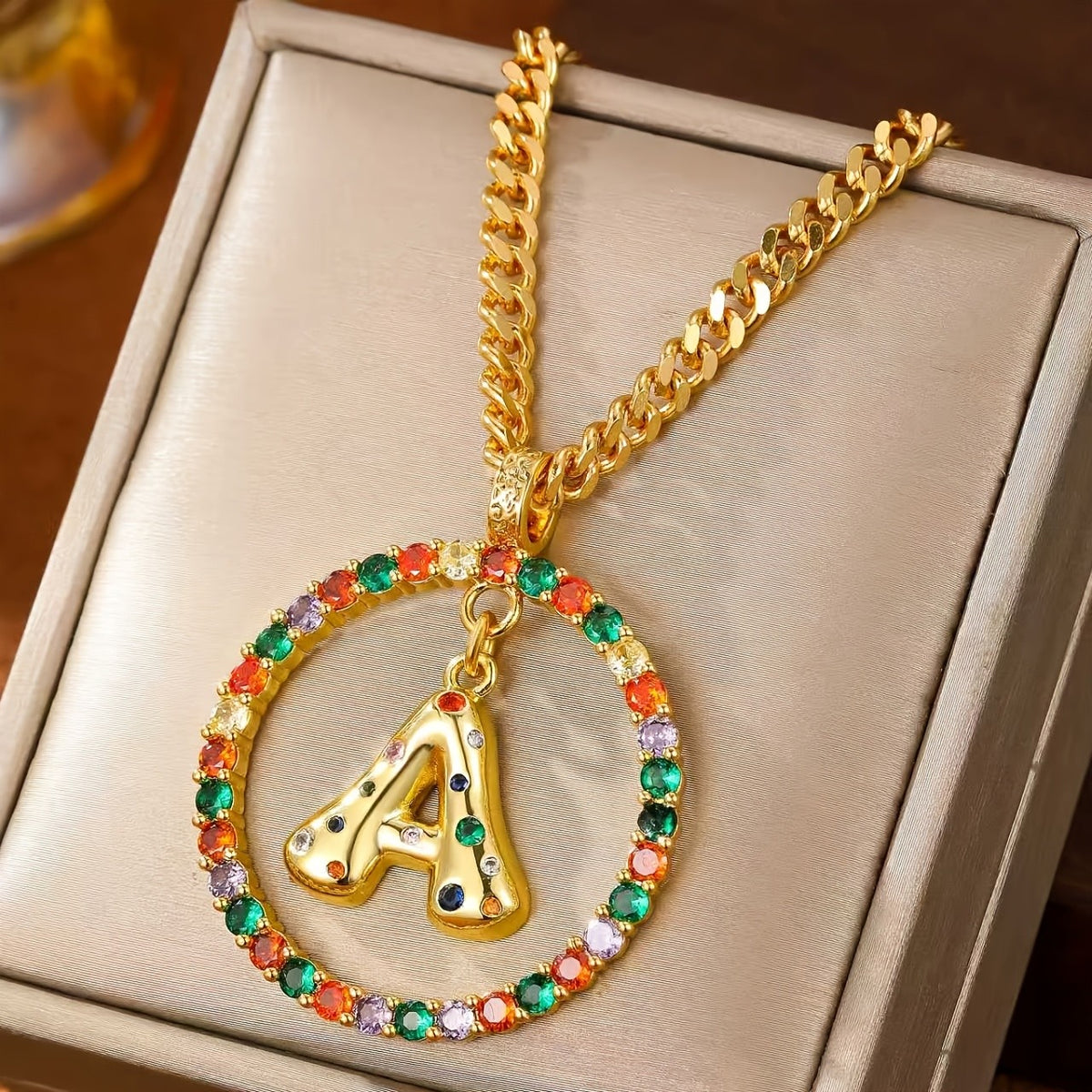 Multicolor Stone Initial Circle Necklace