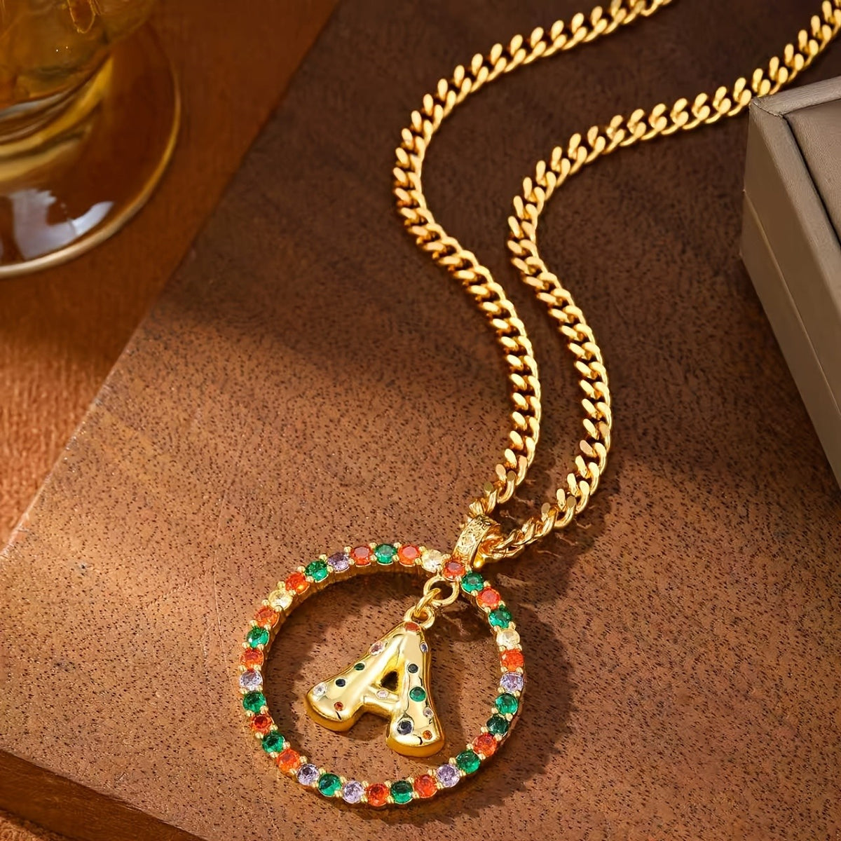 Multicolor Stone Initial Circle Necklace