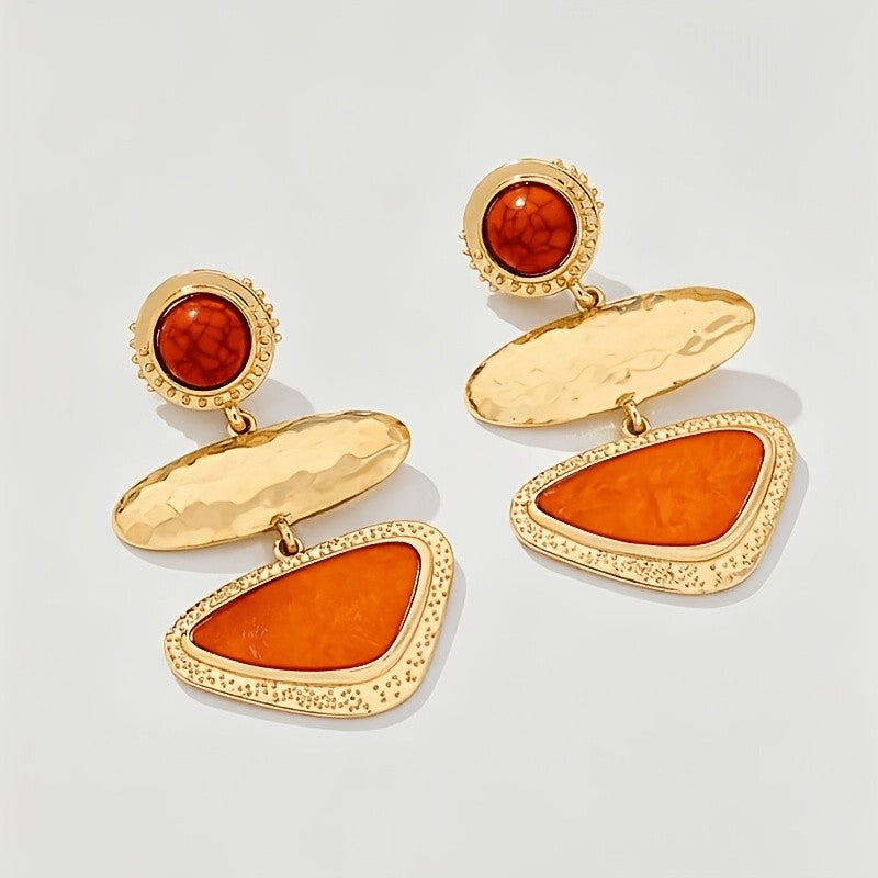 Vintage Geometric Orange Stone Drop Earrings