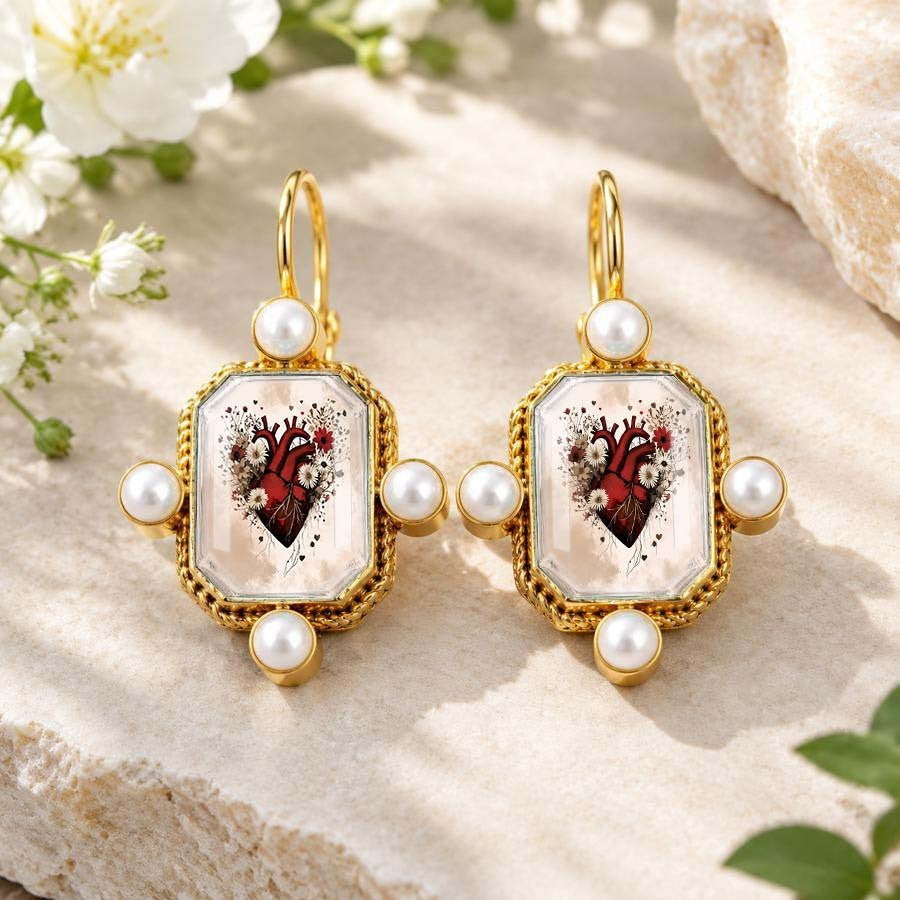 Vintage Anatomical Heart Pearl Drop Earrings