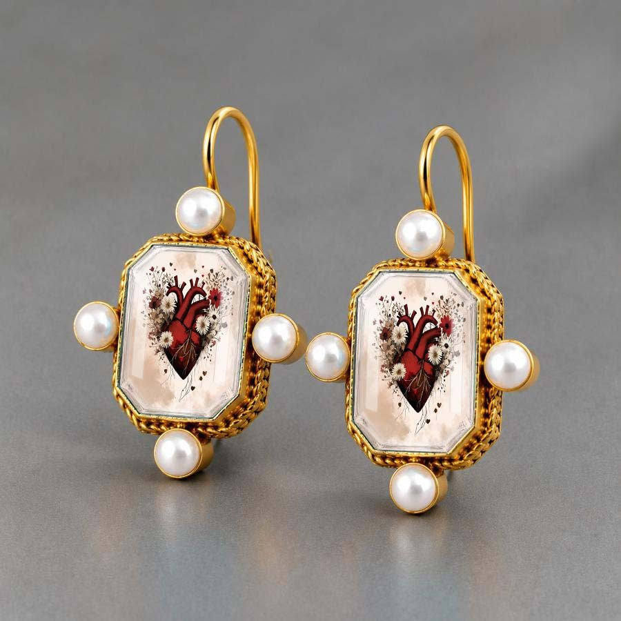 Vintage Anatomical Heart Pearl Drop Earrings